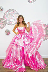 Princess  Ball Gown Strapless Pink Organza Prom Dress with Big Bow