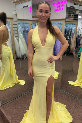 Chic Mermaid Halter Yellow Slit Prom Dress Evening Dresses VK13111603