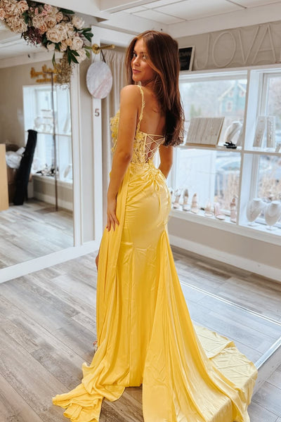 Cute Sheath Sweetheart Yellow Satin Prom Dress with Slit VK25030106