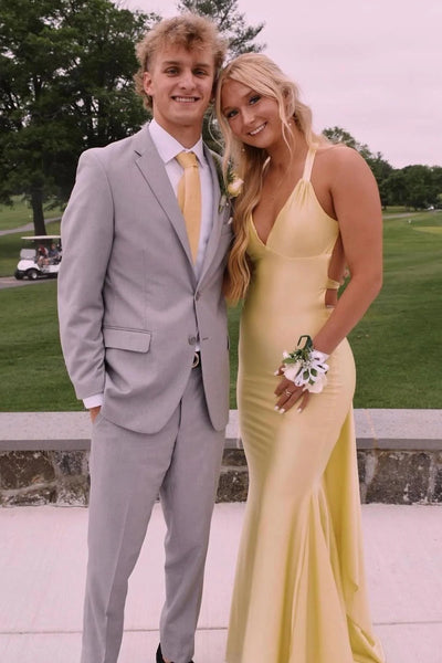 Mermaid V Neck Yellow Satin Prom Dress with Cross Back VK24122603