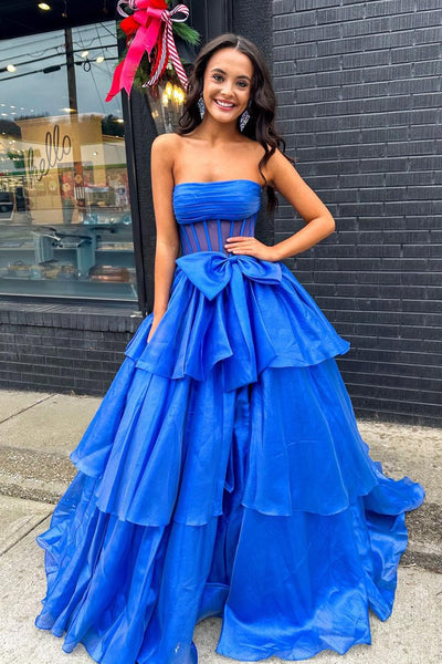 Ball Gown Strapless Royal Blue Organza Long Prom Dress with Bow VK25010202