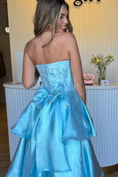A-Line Strapless Light Blue Ruffle Tiered Long Prom Dresses with Bowknot VK25040102