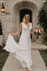 Elegant Simple Sheath V Neck Elastic Satin Long Wedding Dresses VK24101408