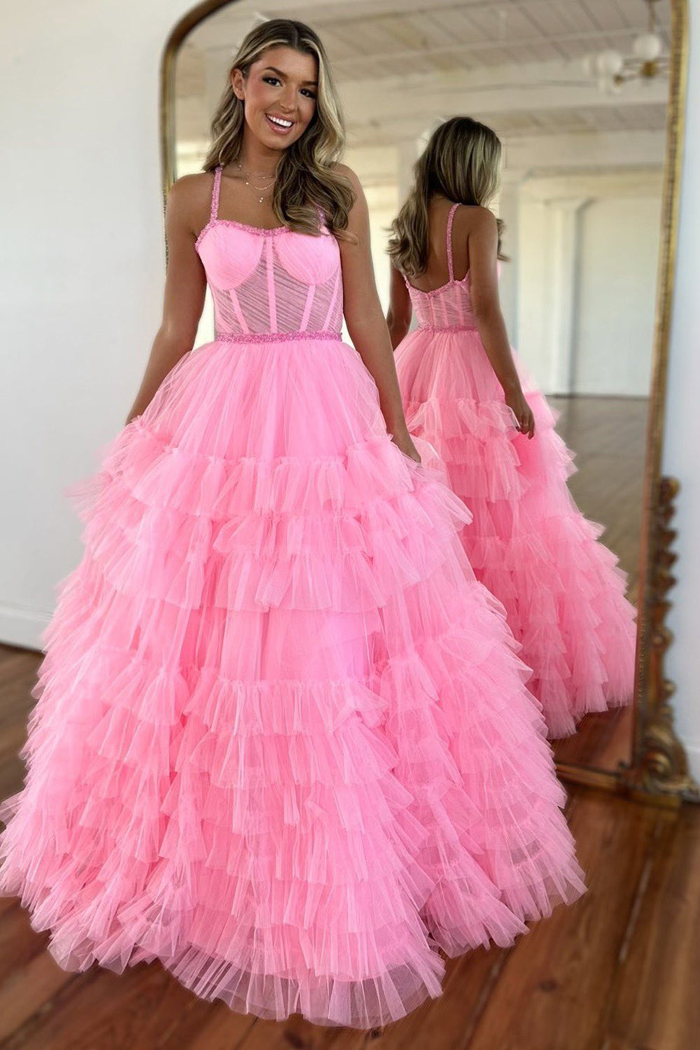 Cute A Line Scoop Neck Pink Tiered Tulle Long Prom Dresses with Beading VK24102018