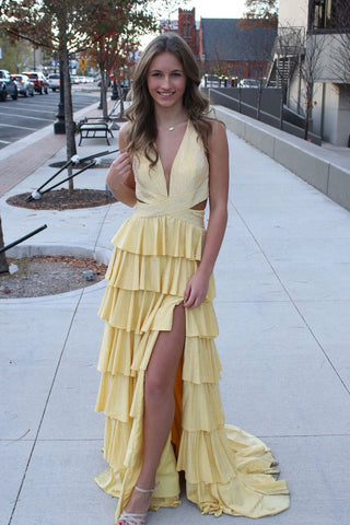 Cute A Line Deep V Neck Yellow Hot Stone Beading Prom Dress with Slit