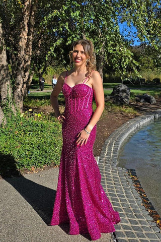 Charming Mermaid Sweetheart Fuchsia Sequins Prom Dresses VK24102110