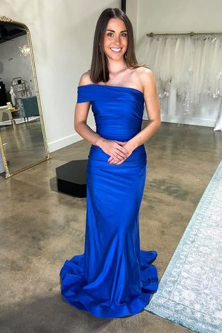 Foraml Mermaid One Shoulder Royal Blue Satin Prom Dress Evening Dress VK1361704