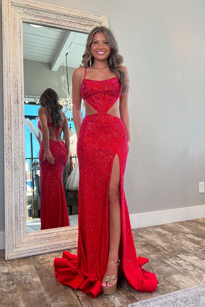 Sparkly Mermaid Straps Red Prom Dresses with Slit VK24102206