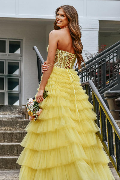 Sweet A Line Strapless Daffodial Tiered Tulle Long Prom Dresses with Slit VK24102005