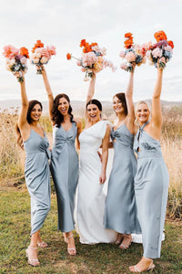 Chic Sheath V Neck Light Grey Silk Satin Tea Length Long Bridesmaid Dresses VK24111401