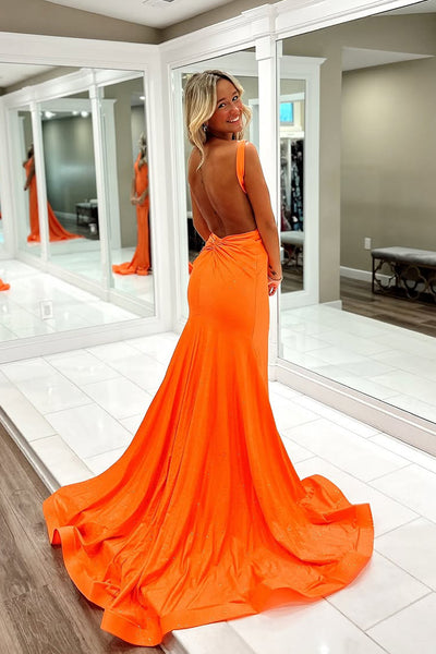 Cute Mermaid V Neck Orange Satin Long Prom Dress with Slit VK25030107