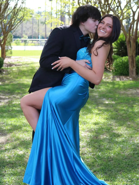 Charming Mermaid Sweetheart Blue Satin Long Prom Dress with Slit VK020203