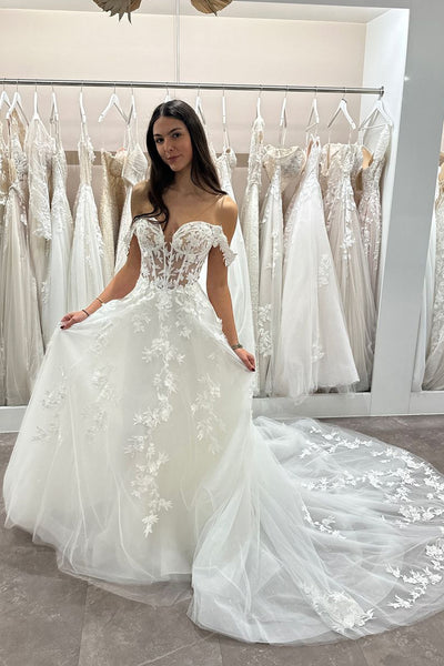 Fairy A Line Off the Shoulder Tulle Wedding Dresses with Appliques VK24101804