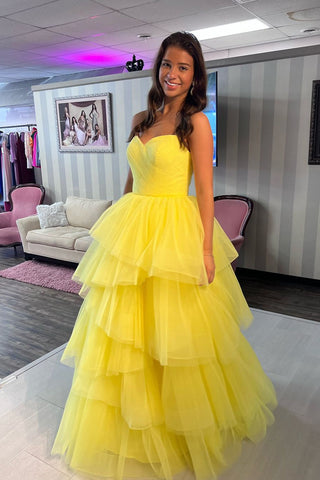 Cute Ball Gown Sweetheart Yellow Tulle Tiered Long Prom Dresses VK24120304