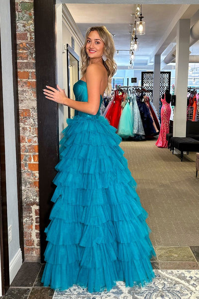 Blue Sweetheart Tiered Tulle Long Prom Dresses with Slit VK24022902