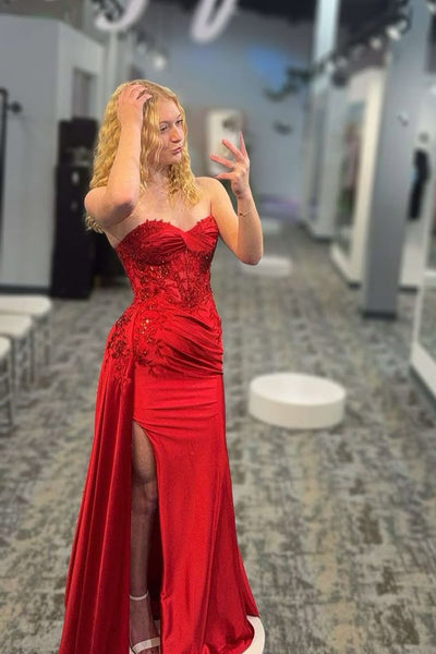 Cute Mermaid Sweetheart Red Satin Slit Prom Dresses with Appliques VK130607