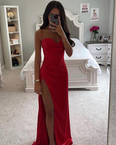 Cute Mermaid Sweetheart Red Satin Slit Prom Dresses