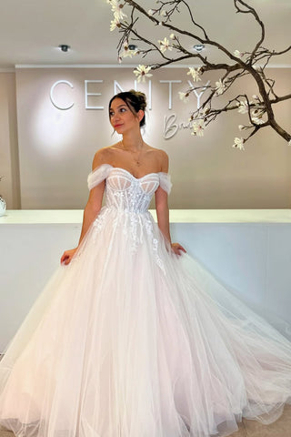 Fairy A Line Off the Shoulder Tulle Wedding Dresses with Appliques VK1312801