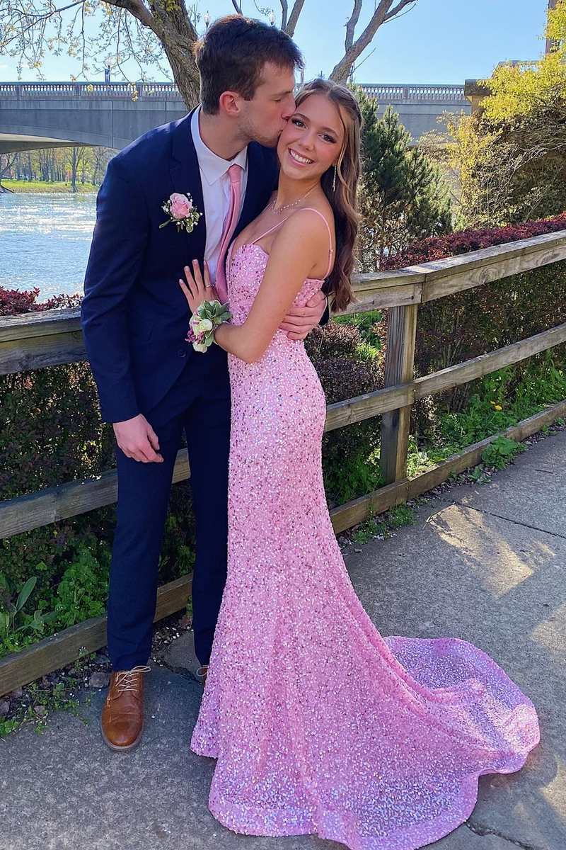 Pink Sequin Plunge V Mermaid Long Prom Dress VK23121207