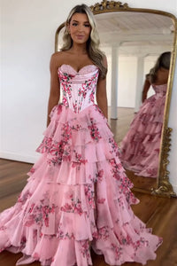 Charming A Line Sweetheart Blush Printed Chiffon Long Prom Dresses VK24102419