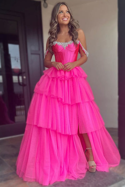 Cute A Line Off the Shoulder Hot Pink Tulle Long Prom Dresses with Beading VK241002