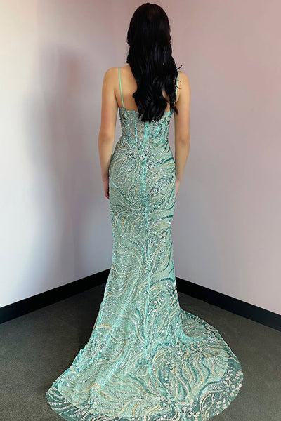 Mermaid V Neck Mint Sequin Lace Long Prom Dresses with Slit VK021301