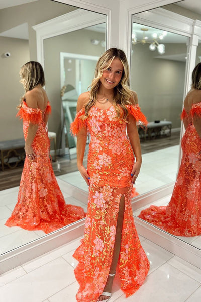 Cute Mermaid Sweetheart Orange Sequins Lace Long Prom Dresses with Slit VK24101510