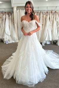 Charming A Line Off the Shoulder Tulle Wedding Dresses with Appliques VK24101306