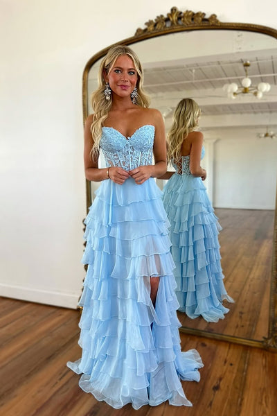 Cute A Line Sweetheart Tiered Chiffon Long Prom Dress with Slit VK25013107