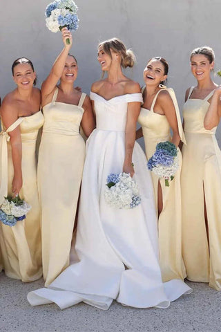 Cute Sheath Straps Yellow Satin Long Bridesmaid Dresses with Slit VK24111201