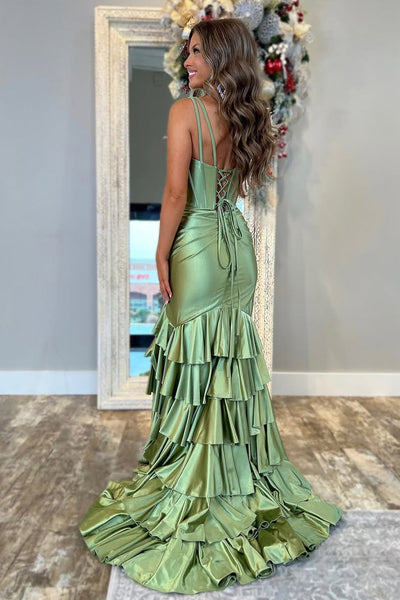 Sweet  Mermaid V Neck Sage Satin Tiered Prom Dress with Slit VK24122403