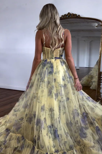 Fairy A Line Straps Printed Yellow Long Prom Dresses VK24102405