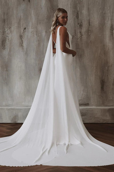 Elegant Mermaid V Neck Elastic Satin Long Wedding Dresses VK24100503