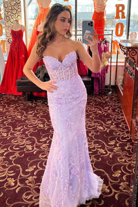 Elegant Lilac Appliques Strapless Mermaid Long Prom Dress VK23122507