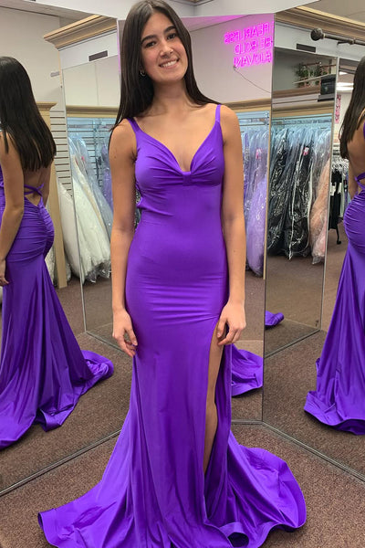 Charming Mermaid V Neck Purple Satin Slit Prom Dress Evening Party Dress VK1361904