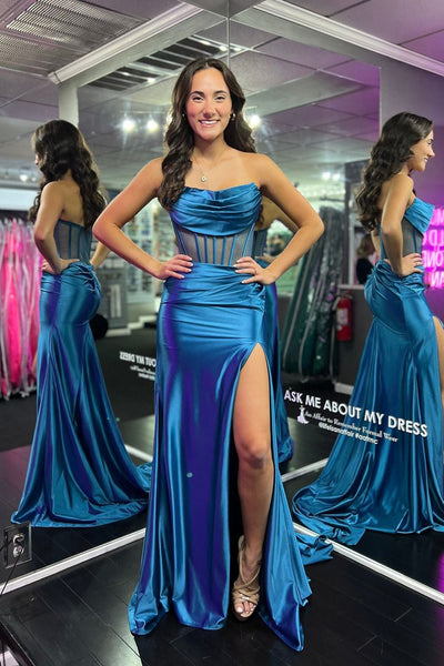 Cute Mermaid Cowl Neck Satin Slit Prom Dresses