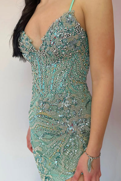 Mermaid V Neck Mint Sequin Lace Long Prom Dresses with Slit VK021301