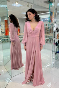 Charming A Line V Neck Blush Pink Chiffon Long Sleeves Wedding Guest Dress