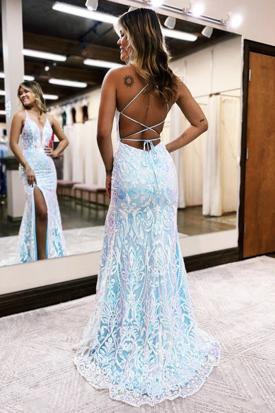 Mermaid V Neck Blue Sequins Lace Slit Prom Dresses VK112116