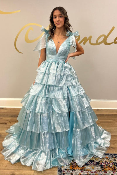 Cute Ball Gown Light Blue Ruffle Tiered Long Prom Dresses with Bow VK0731148