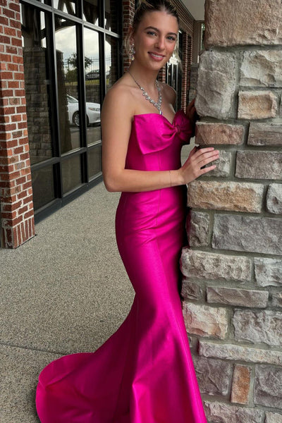 Sweet Mermaid Strapless Fuchsia Satin Long Prom Dresses with Bow