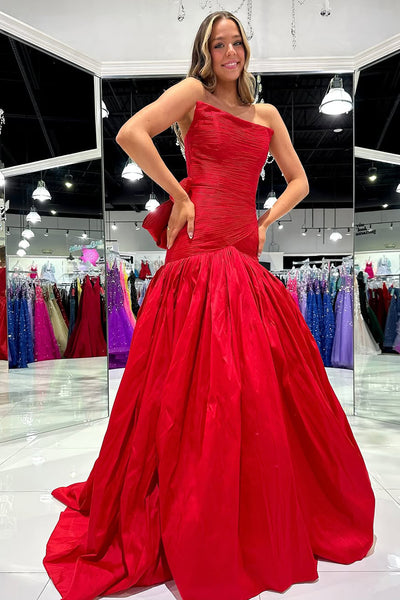 Cute Mermaid Scoop Neck Red Satin Prom Dresses VK24121801