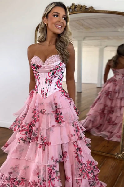 Charming A Line Sweetheart Blush Printed Chiffon Long Prom Dresses VK24102419