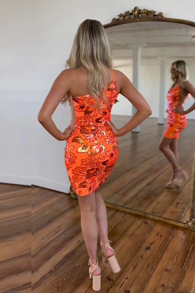 Cute Bodycon One Shoulder Orange Sequins Lace Short Homecoming Dresses VK24082217