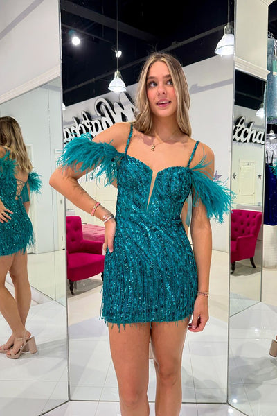 Bodycon Cold Shoulder Peacock Blue Sequins Homecoming Dresses VK24081104