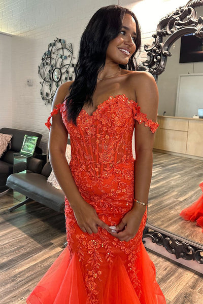 Cute Mermaid Off the Shoulder Orange Lace Long Prom Dresses with Appliques