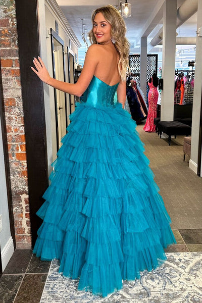 Blue Sweetheart Tiered Tulle Long Prom Dresses with Slit VK24022902