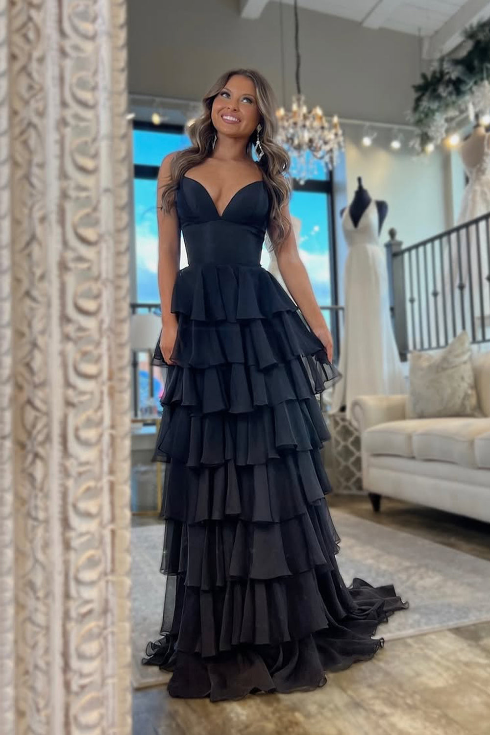 A-Line V Neck Black Satin Ruffle Tiered Long Prom Dresses VK021507