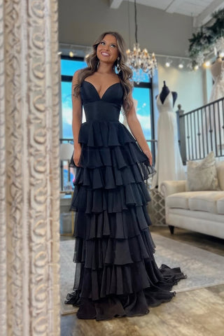 A-Line V Neck Black Satin Ruffle Tiered Long Prom Dresses VK021507