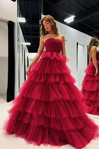 Cute Ball Gown Strapless Red Tiered Tulle Long Prom Dresses VK24111502